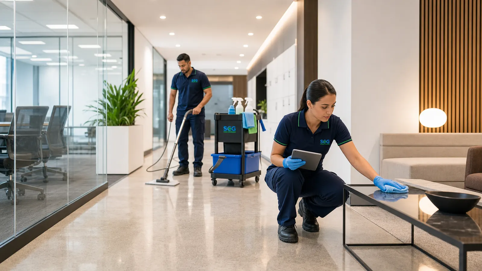 Sydney Clean Group cleaner working a scheduled evening shift in a multi-site commercial portfolio
